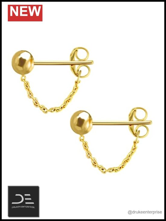 Jewelry - 14K Solid Yellow Gold Bead Ball Stud Chain Dangle Earrings Women Dainty